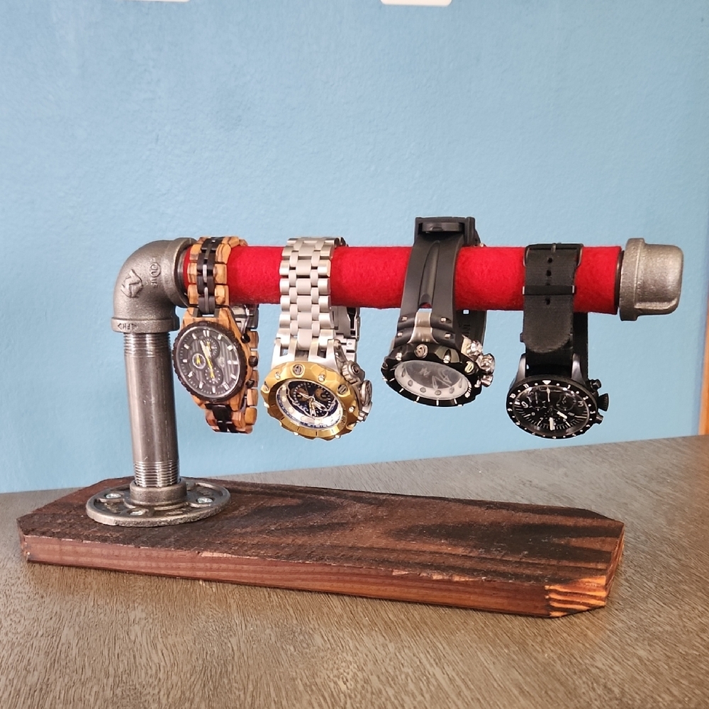 Industrial Pipe Watch Stand Wood with Red Felt Handmade 10" Holds 4 Watches